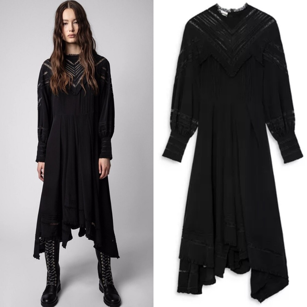 Zadig & Voltaire Rozyl Silk Lace Insert Asymmetrical Hem Midi Dress - M